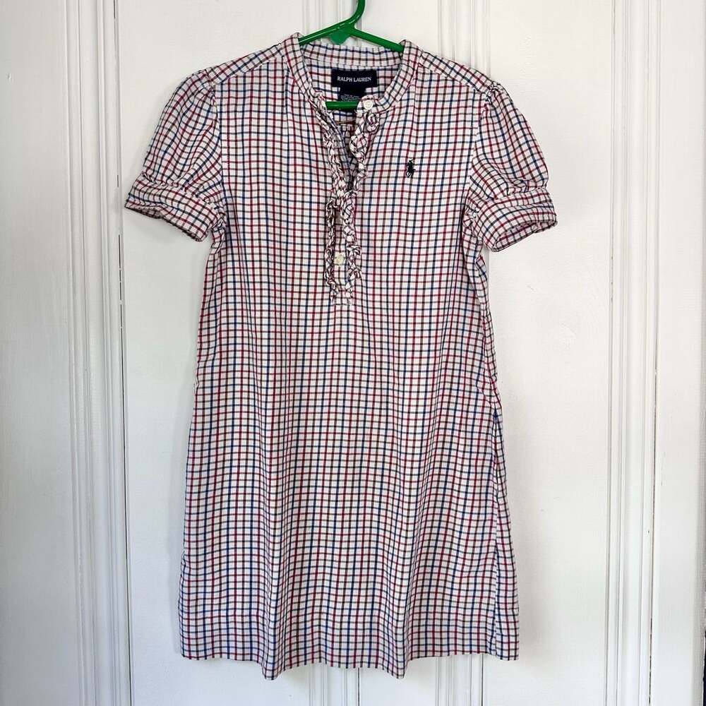 Ralph Lauren Plaid Kids Shirtdress, Size 6 Girls’ Red Blue Ruffled Collar